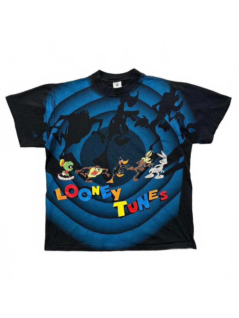 VTG 90's Looney Tunes Warner Bros TV Cartoon Shadow AOP Men's XL T-Shirt Black